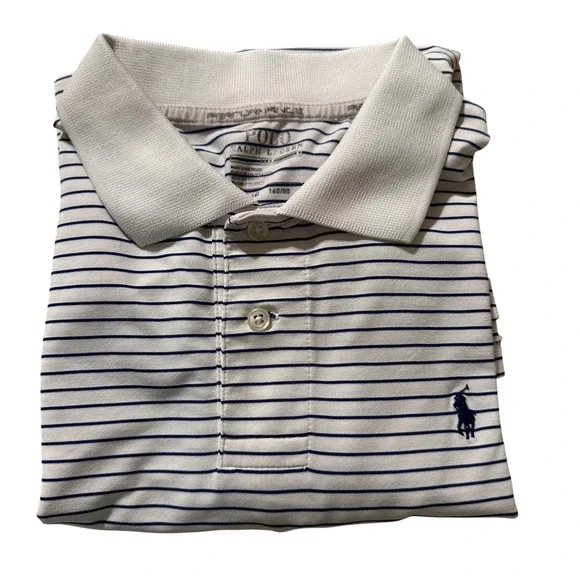 Polo Ralph Lauren Performance Boys L 14-16 White Navy Striped Short Sleeve Polo - Picture 7 of 11